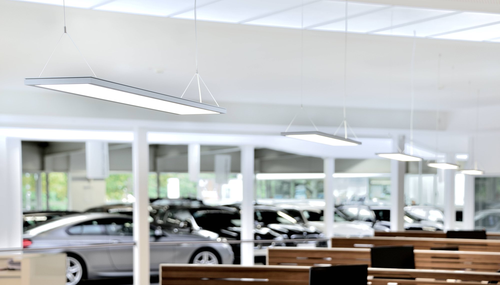Showroom mit Fahrzeugen und Lichtbändern
